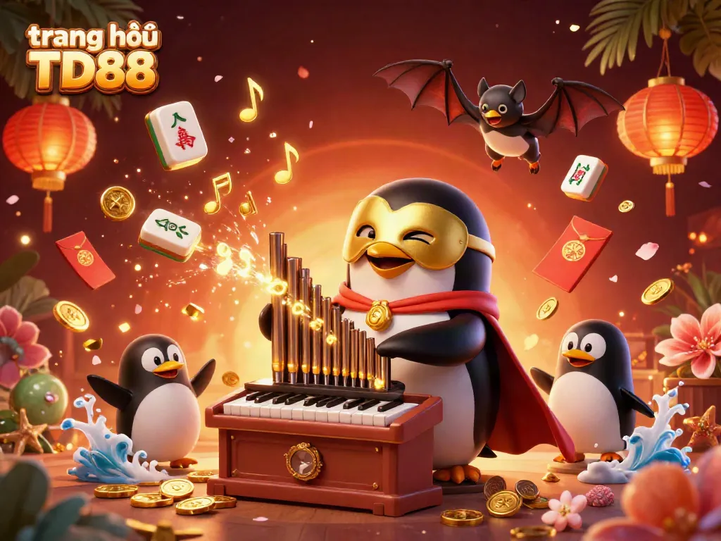 Engage with the vibrant world of trang chủ TD88 featuring a 3D cartoon penguin organist amidst festive symbols of luck and fortune.