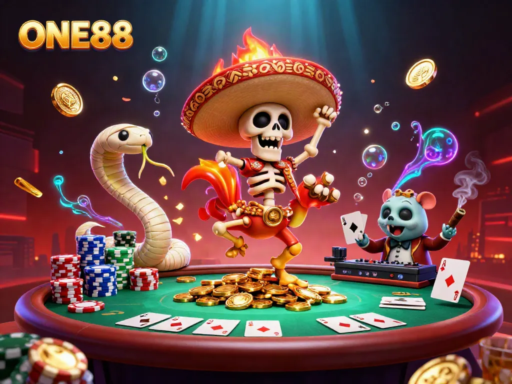 Experience the dynamic fun of ONE88 with vibrant casino elements and lively characters.