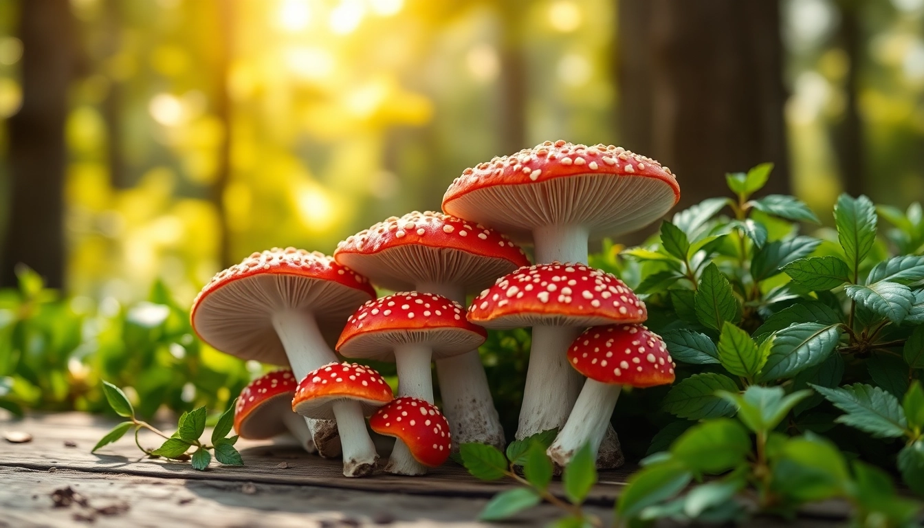 Fliegenpilz kaufen: Hochwertige Amanita muscaria Pilze in natürlicher Umgebung präsentieren.