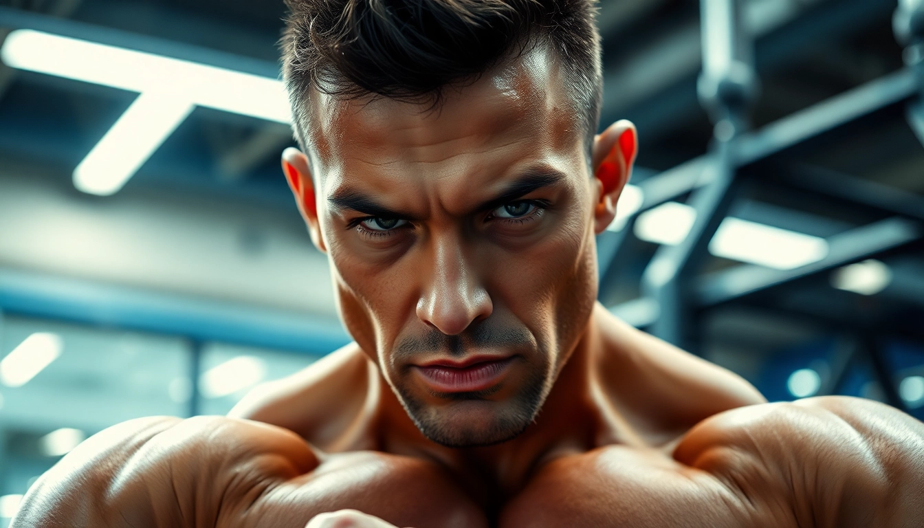 Trenbolon kaufen - Bodybuilder training with focus and intensity in a modern gym setting.