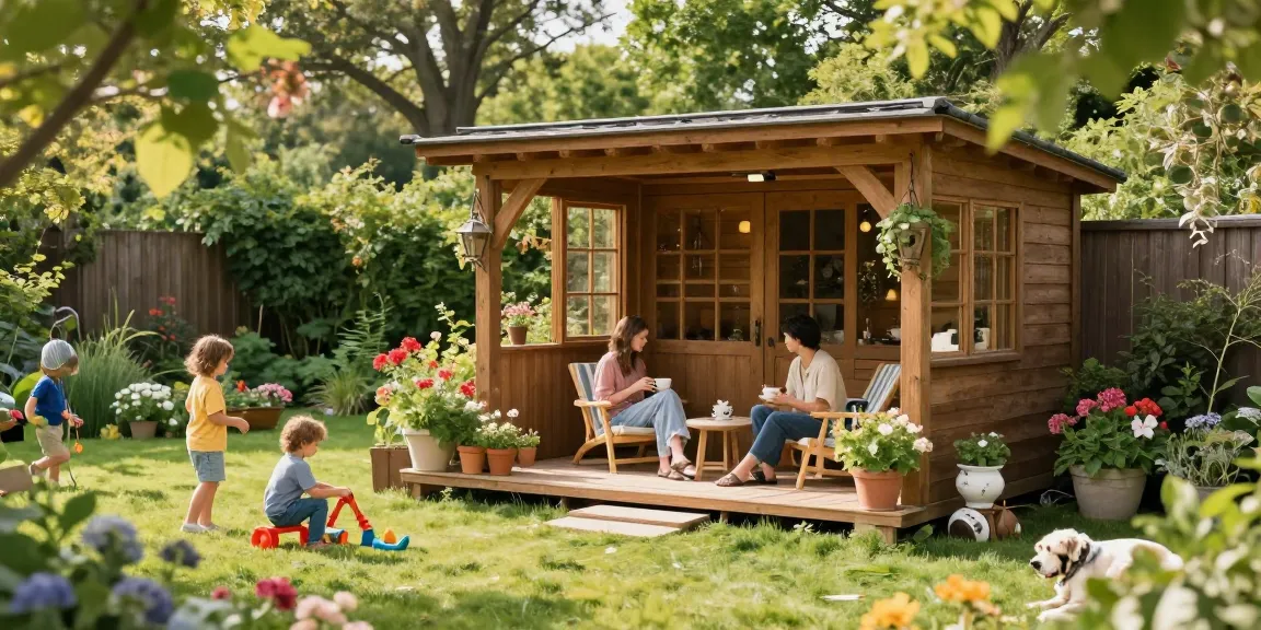 Gartenhaus umgeben von Blumen und Familie, einladende Gartenatmosphäre