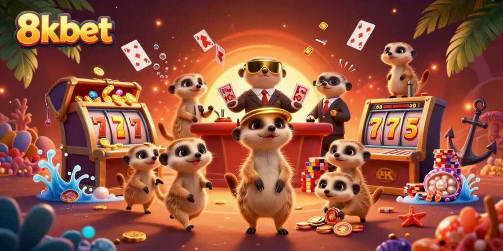 Engage with 8xbet's animated casino experience featuring meerkats and slot games.