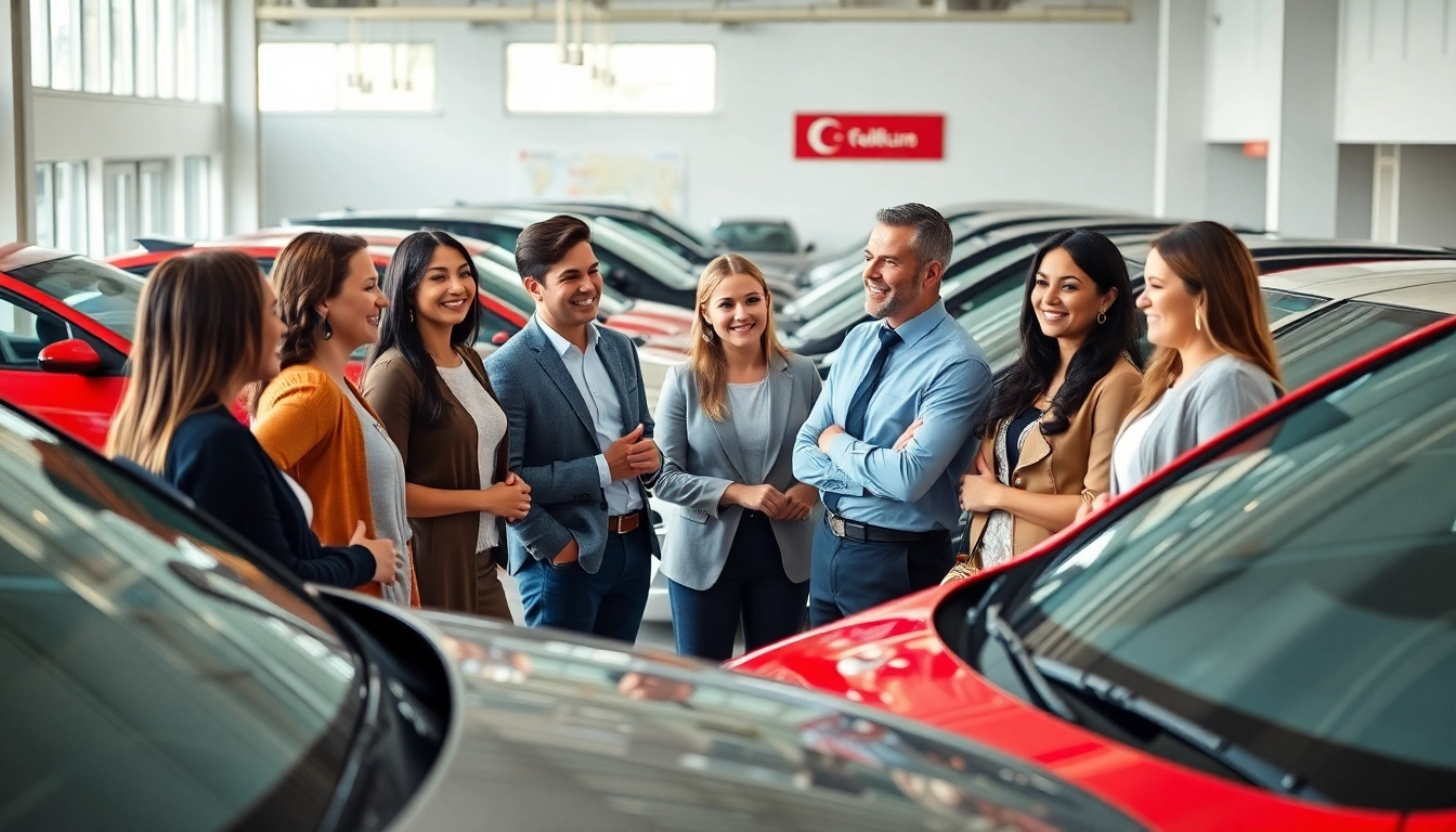 Auto kaufen: Kundenberatung in einem modernen Autohaus mit verschiedenen Fahrzeugen im Hintergrund.