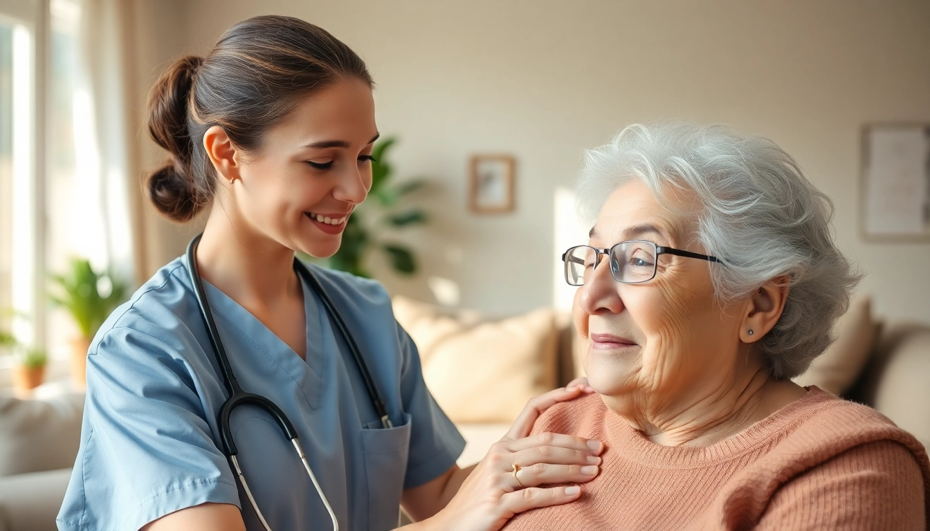 Intensivpflege Frankfurt - eine Pflegekraft hilft einem älteren Patienten in einer freundlichen häuslichen Umgebung.