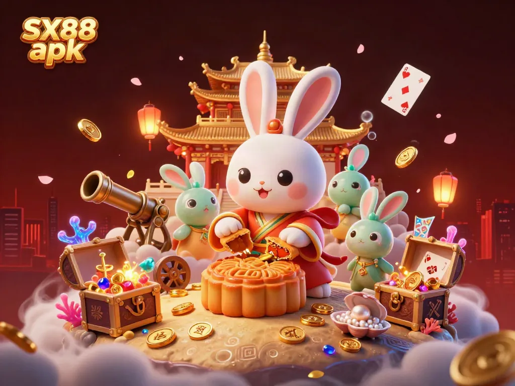 Experience the excitement of SX88 apk with a vivid illustration of playful moon rabbits revealing poker chips, surrounded by dynamic casino elements.