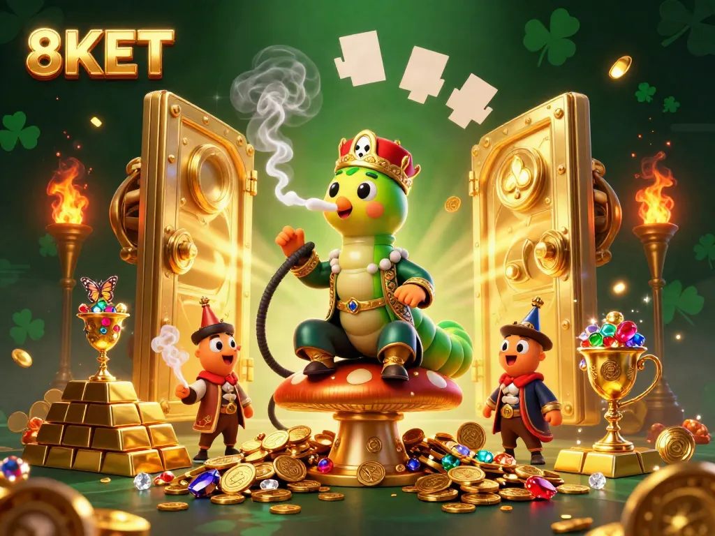 Experience the exciting world of 8KET online gaming with a vibrant 3D scene featuring a whimsical caterpillar character and poker symbols.