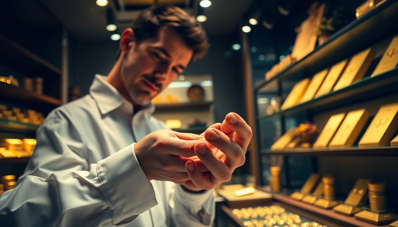 Goldankauf Berlin: Experienced jeweler examines high-quality gold pieces in a luxurious setting.