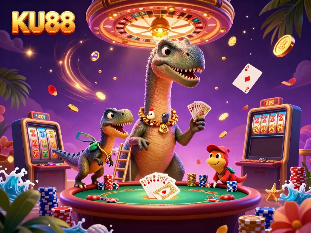 Experience excitement at KU88 casino with a vibrant 3D scene of gaming fun featuring animated characters amidst cascading coins.