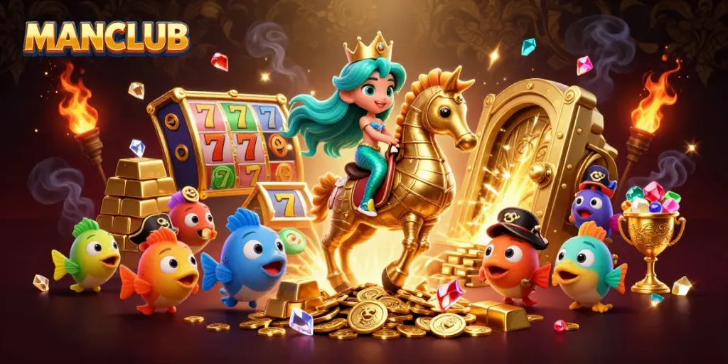Engage in thrilling games at MANCLUB with slots and treasures illuminating this vibrant underwater scene.