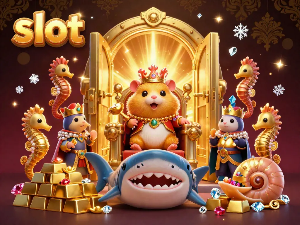Engage with exciting slot games amidst treasure and jewels, in an imaginative 3D scene of a hamster king.