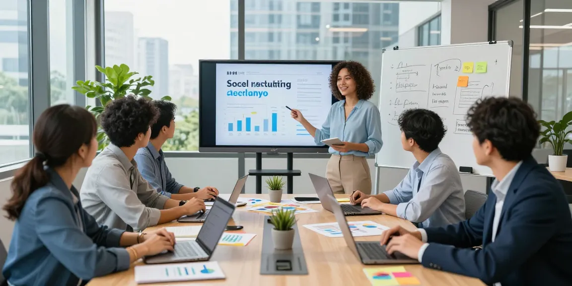 Personalmarketing Agentur diskutiert innovative Strategien zum Rekrutieren über soziale Medien im modernen Büro.