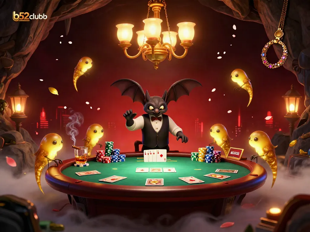 Engage with b52clubb's colorful cave casino scene featuring glowworms, poker elements, and a bat dealer.