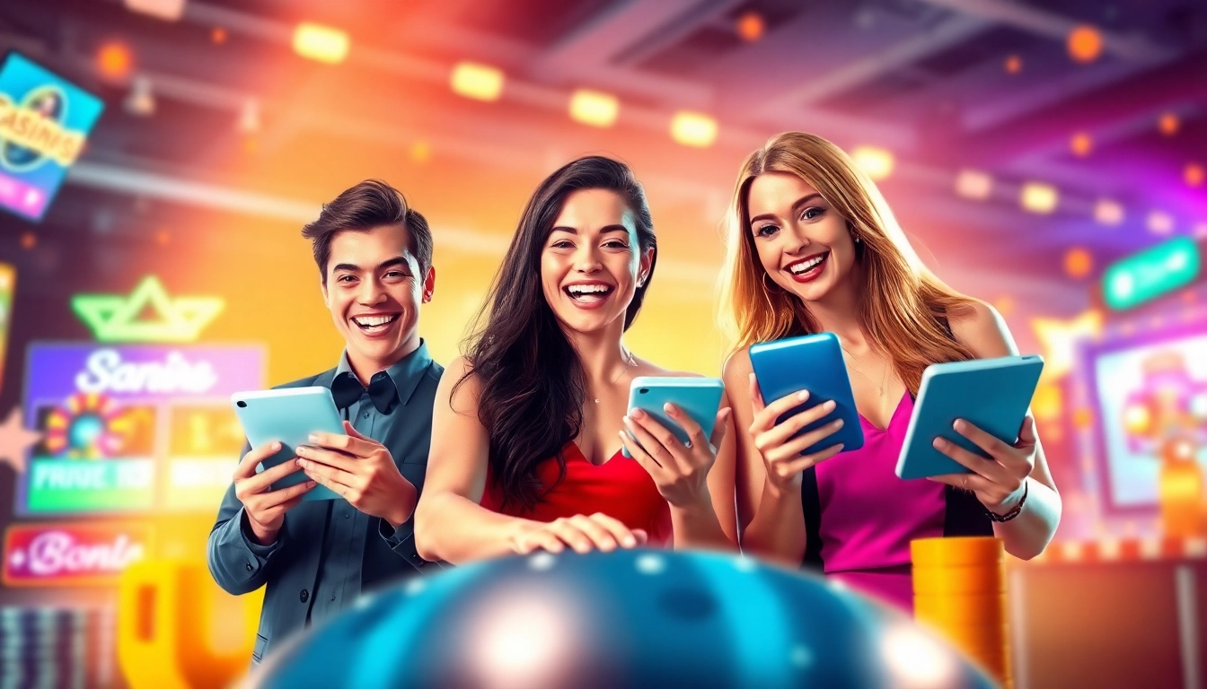 Werbe für casino bonus ohne einzahlung mit fröhlichen Spielern und digitalen Geräten in einem lebendigen Casino-Setting.