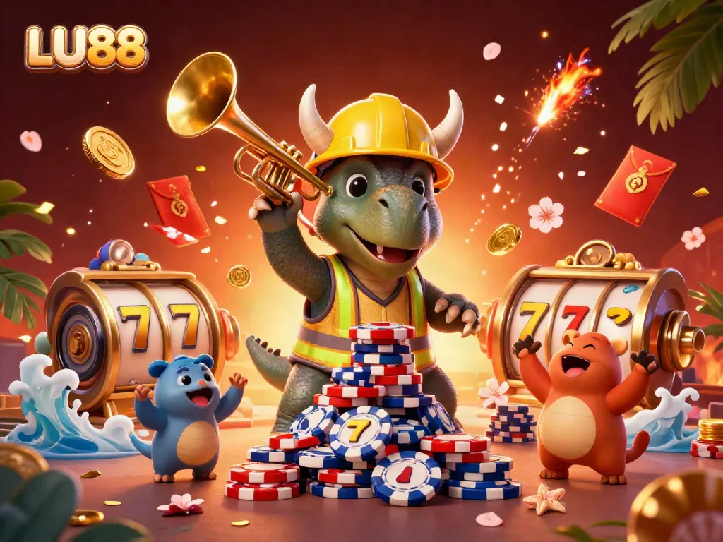 LU88 triceratops and parasaurolophus celebrate around a vibrant casino scene filled with games.