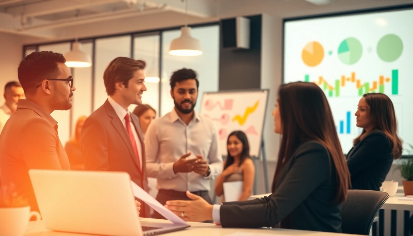 Consultants discussing strategies in a modern office setting at Unternehmensberatung.
