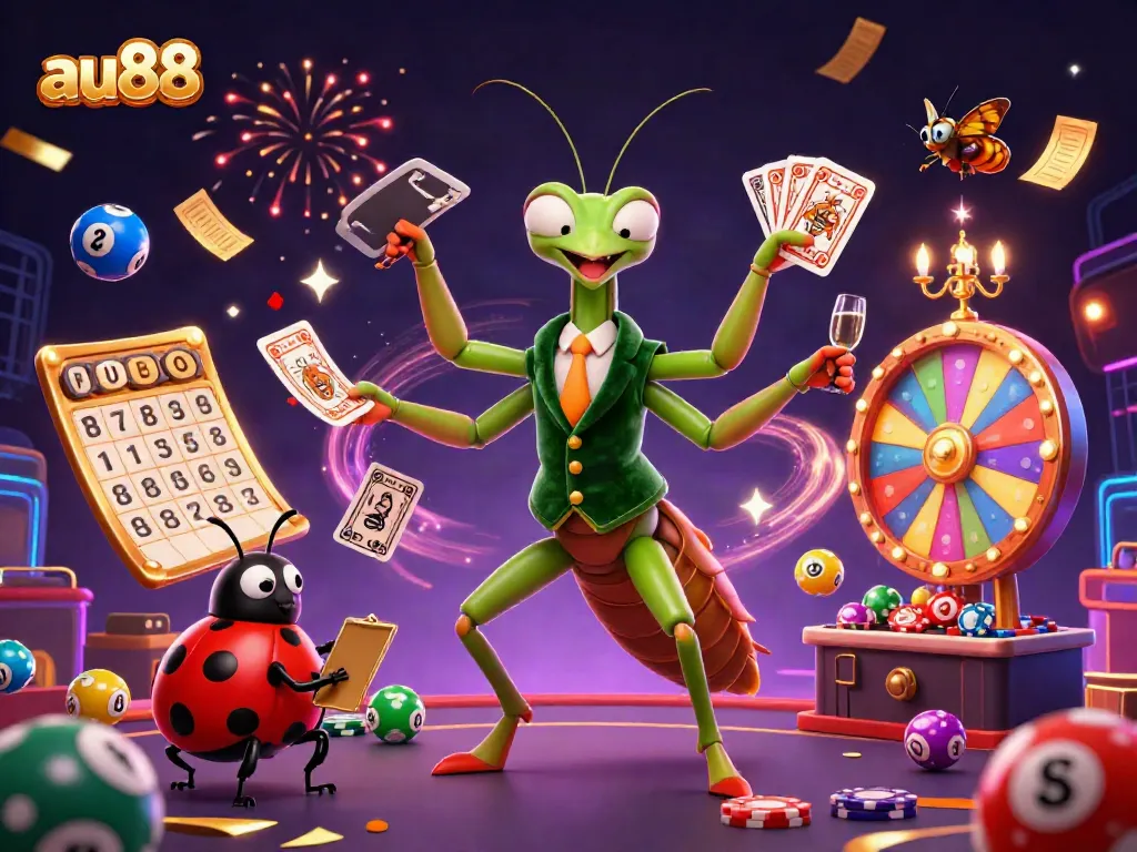 Engage in the thrills of AU88 with a vibrant casino scene featuring dynamic lottery elements and colorful game characters.