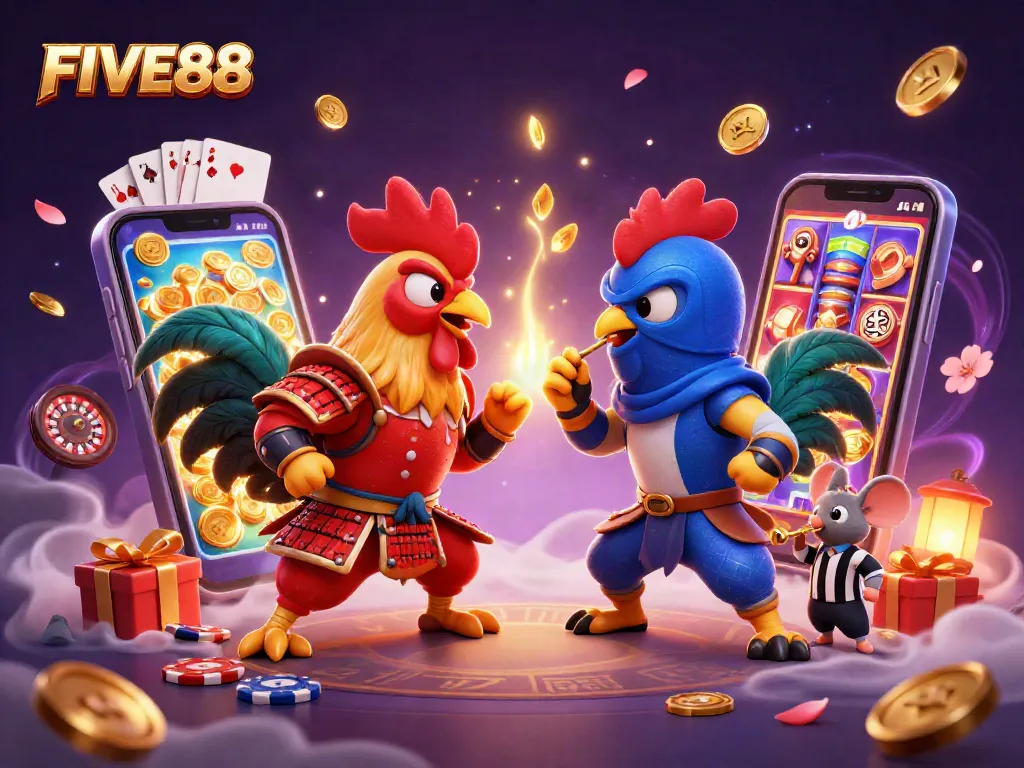 Five88 enhances gambling excitement with a dramatic rooster battle between samurai and ninja, featuring gaming elements.
