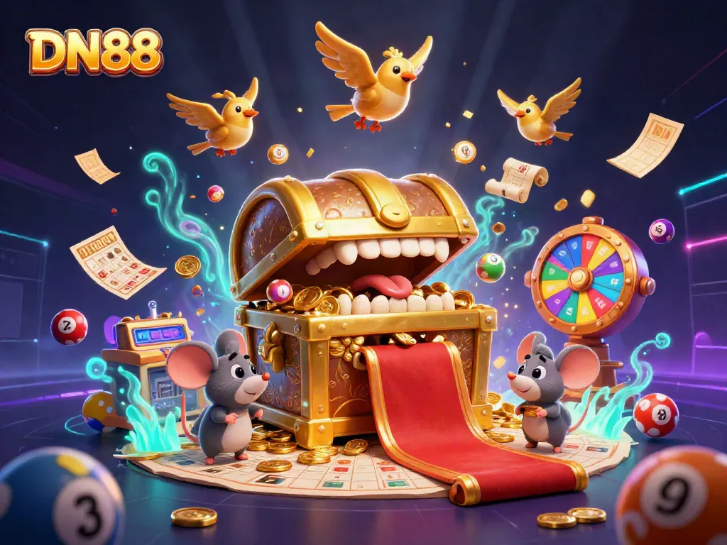 Experience thrilling gambling at DN88 with adventure-filled 3D cartoon illustrations showcasing vibrant casino elements.