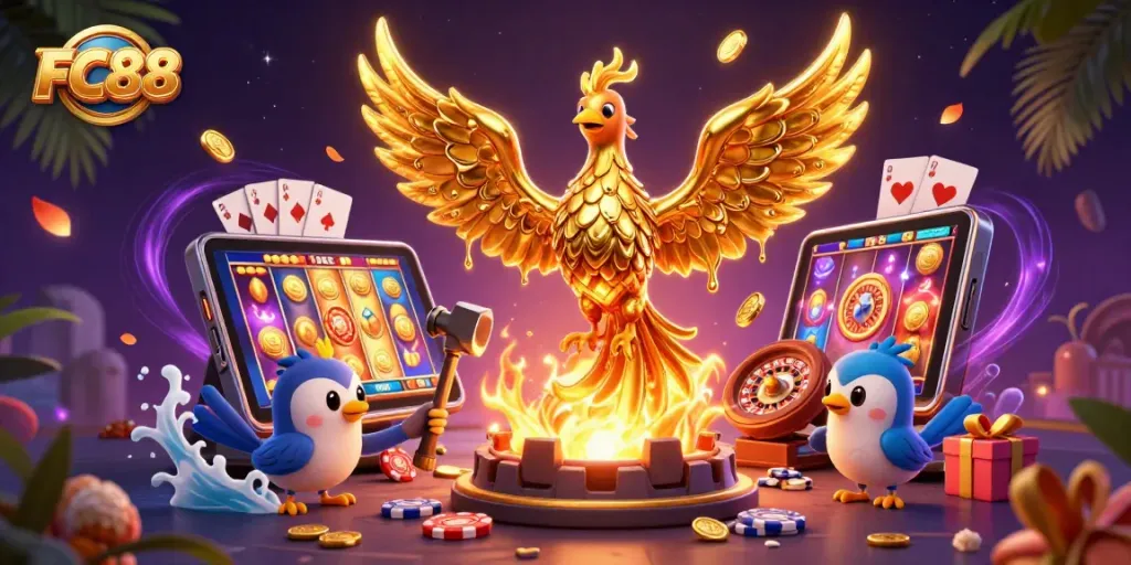 Experience thrilling gameplay at FC88 with captivating 3D golden phoenix and engaging slot elements.