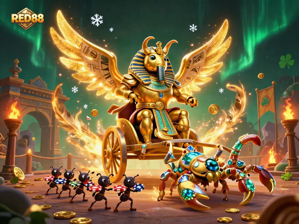 Experience the excitement of WINNING with RED88 in a vibrant 3D casino scene featuring unique characters and dynamic gaming elements.