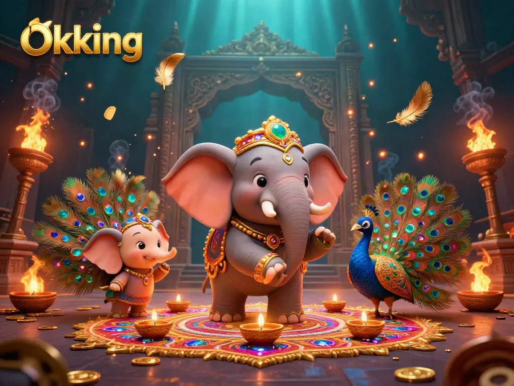 Experience rich gambling thrills with Okking in a colorful 3D casino scene featuring elaborate designs and vibrant elements.