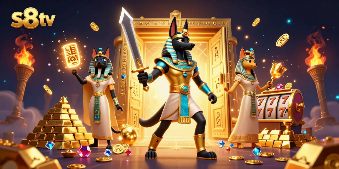 Play thrilling games at s8 tv with Anubis and Bastet surrounded by treasures and slot reels.