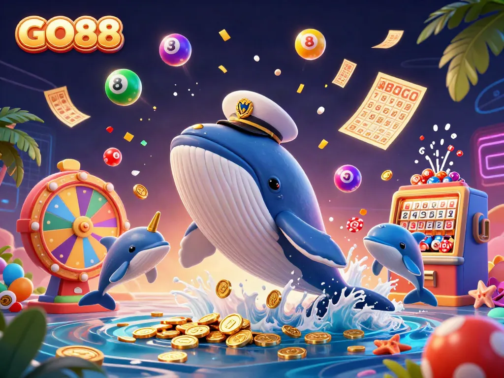 Experience the excitement of GO88 with a vibrant, playful casino scene featuring a cartoon whale and dolphins.