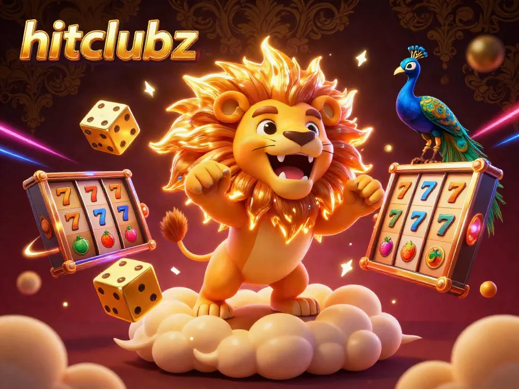 Experience the excitement of online casino gaming with hitclubz featuring a golden sun lion and slot reels.