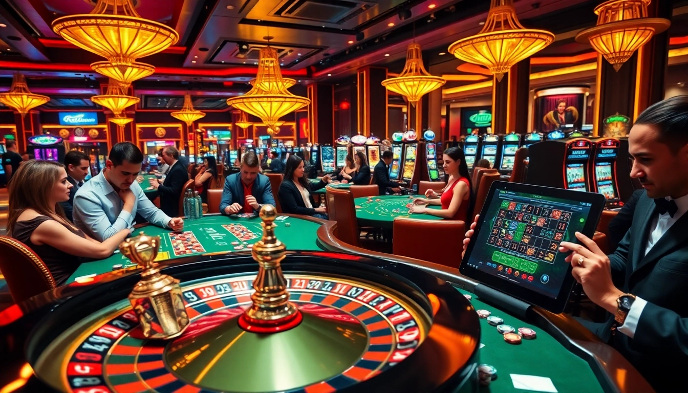 Players strategizing bets at a roulette wheel and poker tables in a luxurious casino scene featuring https://kuwinzhz.com/.