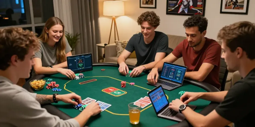 Engaged friends playing poker with laptops and devices for Alternatif Bola88 gaming experience.