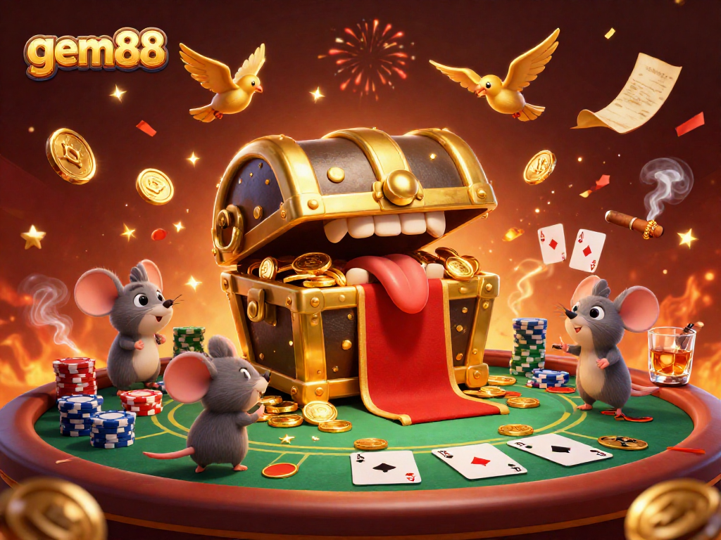 Experience the thrill of gem88 with a vibrant casino scene featuring treasure chests, poker elements, and celebrations.