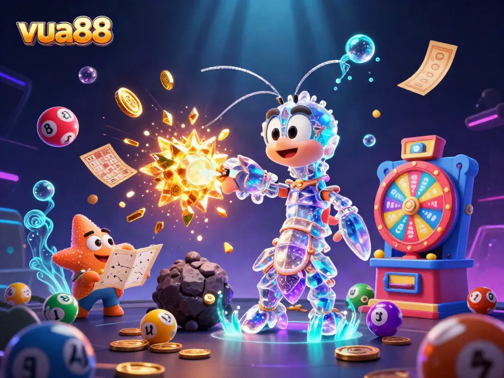 Experience the thrilling action of vua88 with colorful lottery elements and a galactic mantis shrimp in battle.