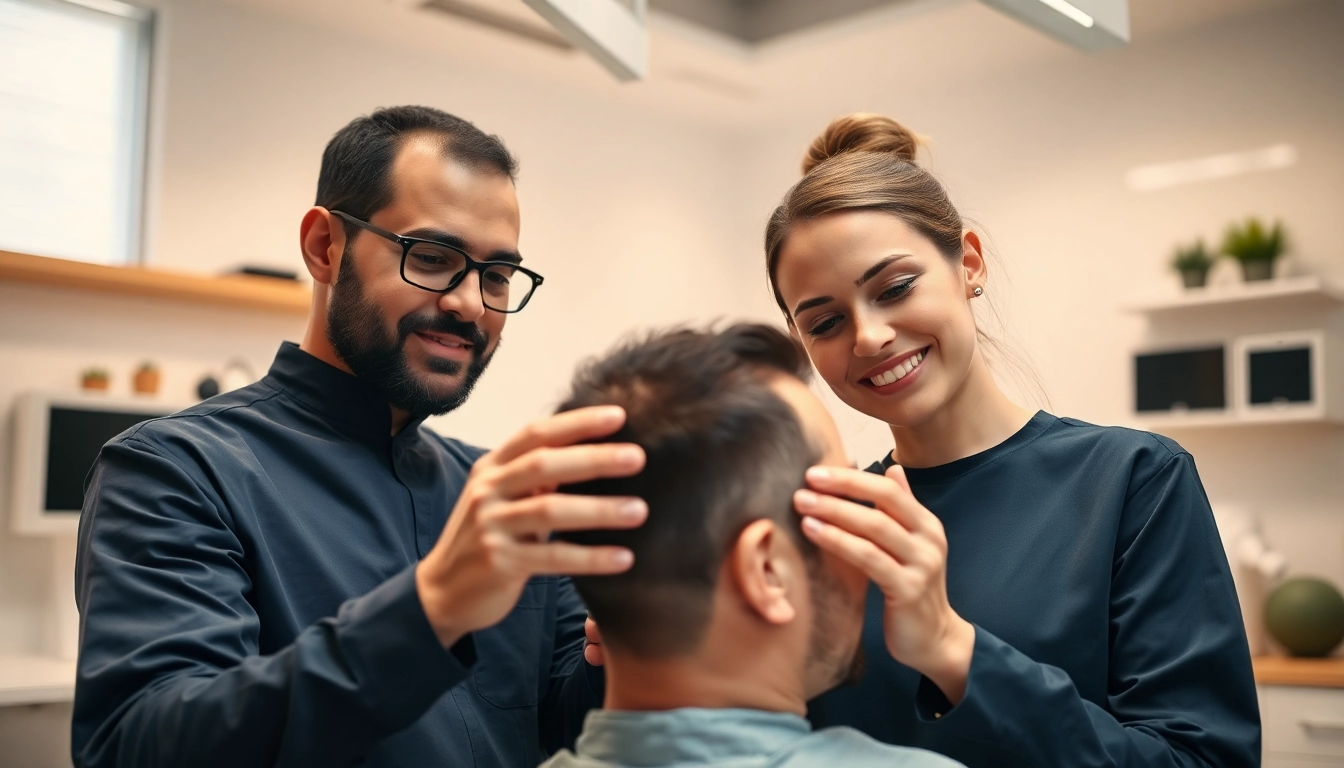 Hair transplant UK specialists in a modern clinic performing hair restoration techniques.