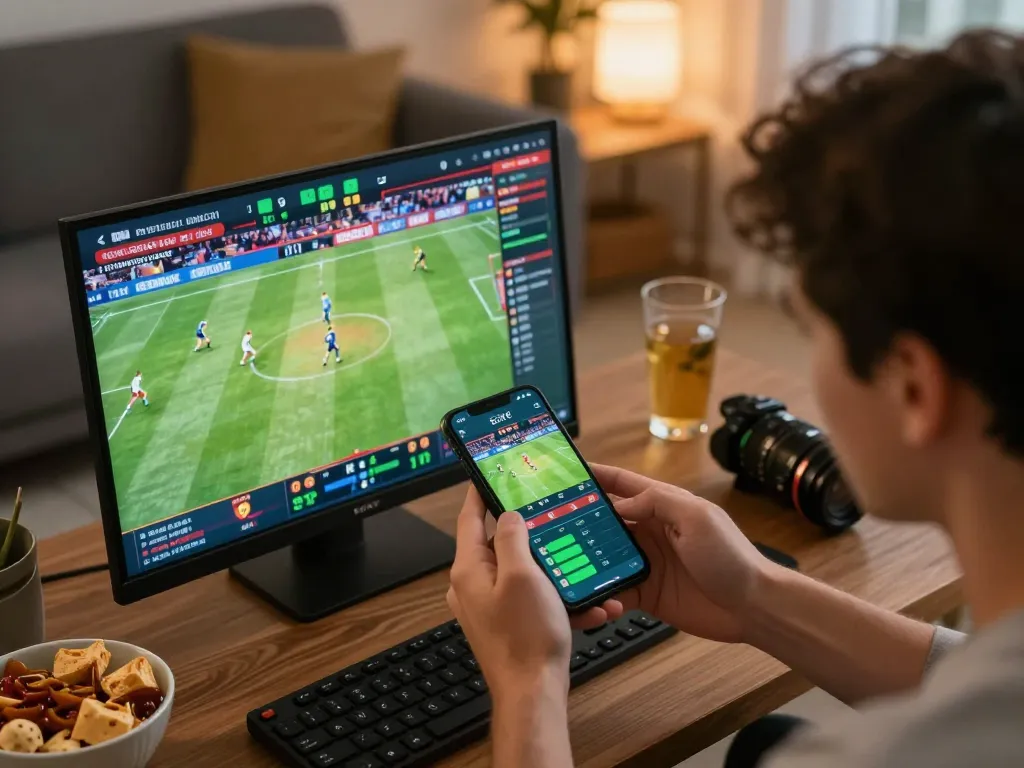 Xoilac sports betting enthusiast placing live bets on smartphone in a cozy setting.