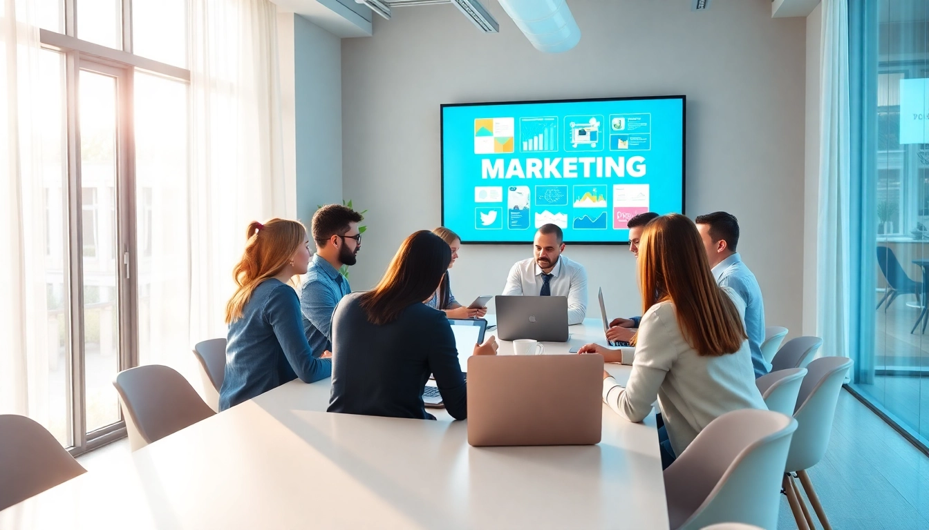 Strategic meeting showcasing Online Marketing strategies in a modern office.