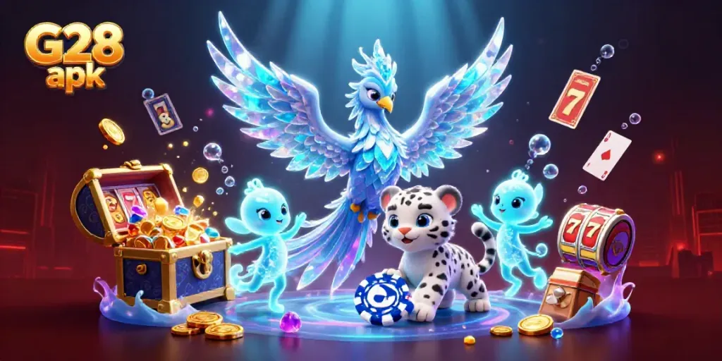 Engage with the G28 apk casino experience featuring an ice phoenix and vibrant game elements.
