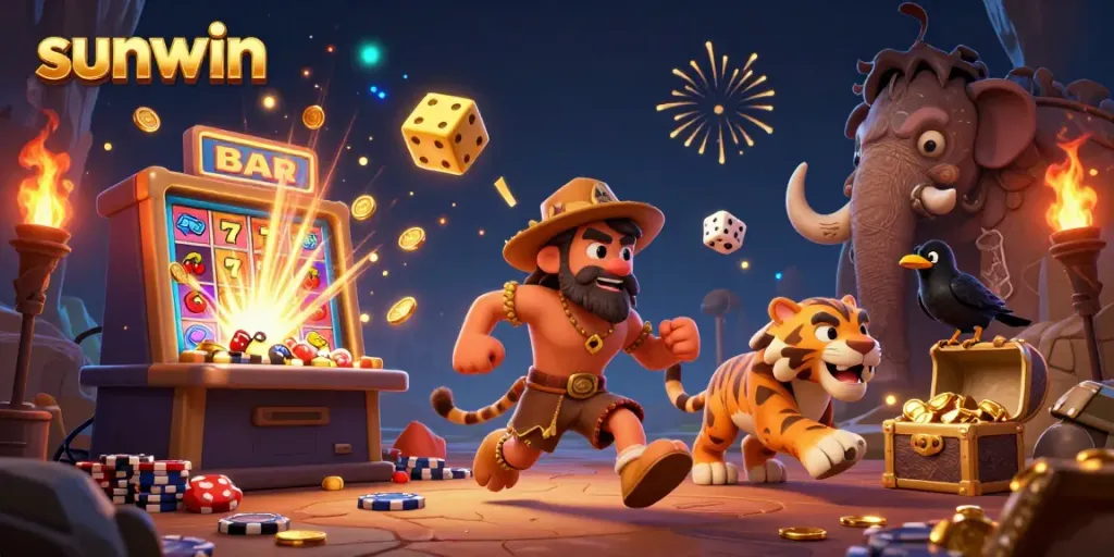 Experience thrilling games at Sunwin, featuring cartoon characters in a vibrant prehistoric casino.