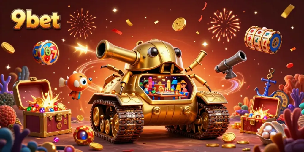 Experience the thrill of 9bet with a dynamic scene of a golden beetle tank mini casino amidst underwater treasures.
