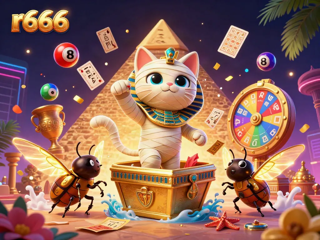 Experience the thrilling excitement of r666 with a magical mummy cat and vibrant casino elements!
