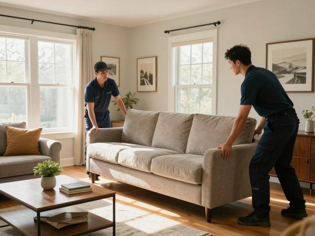 Professional movers conducting furniture removal in a bright living room, ensuring careful handling and respect.