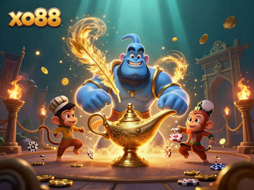 Engage with xo88's vibrant casino experience featuring a blue genie and a magical carpet of poker chips.