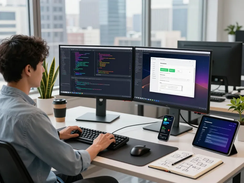 Erstellung eigener Webanwendungen in einem modernen Softwareentwicklungsarbeitsplatz mit zwei Bildschirmen und lebendigem Code.