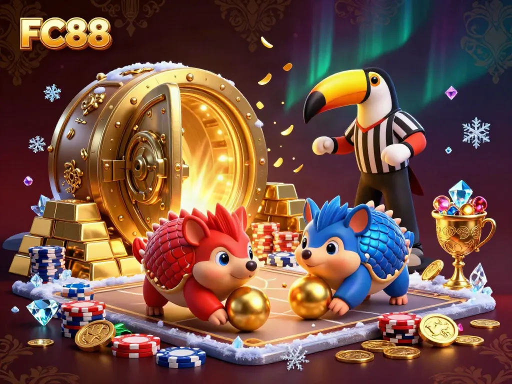 FC88 pangolins compete in a vibrant casino scene filled with treasure and chips.