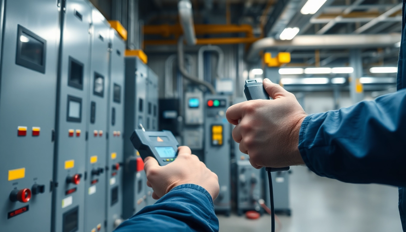 Techniker bei der Prüfung ortsfester elektrischer Anlagen mit modernem Testgerät.
