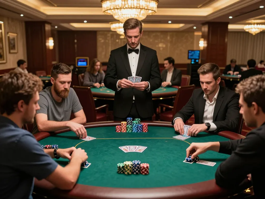 Watch players engaging in a thrilling poker game at https://nk88.co.uk/ in a luxurious casino setting, showcasing intense strategy.