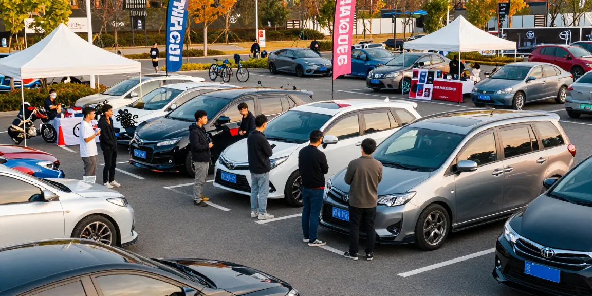 Engagierte Toyota Verso-Besitzer interagieren bei einem Treffen der Auto-Forum-Community auf einem sonnigen Parkplatz.