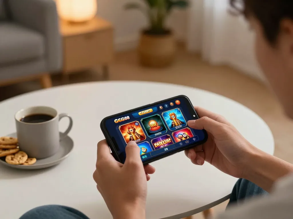 Engaged player using the GG88 app on smartphone, showcasing mobile gambling excitement in cozy home.