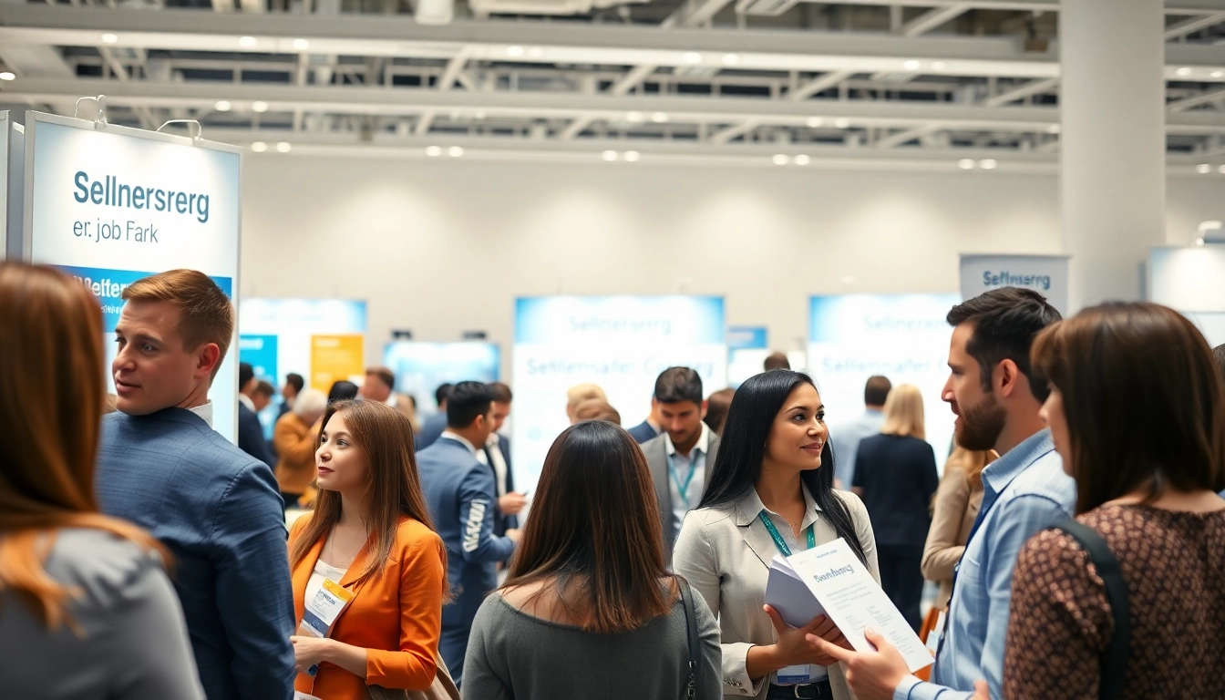 Diskussion über Stellenangebote auf einer Jobmesse mit verschiedenen Teilnehmern.