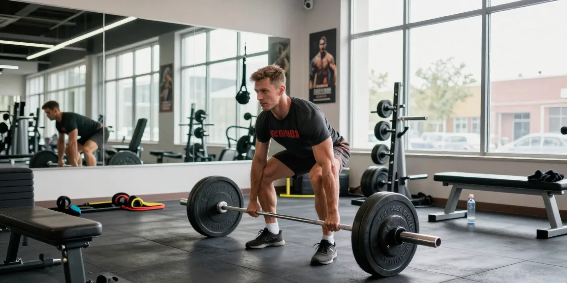 Muscular athlete in Anabolika Shop workout gear performing a deadlift in a bright gym.
