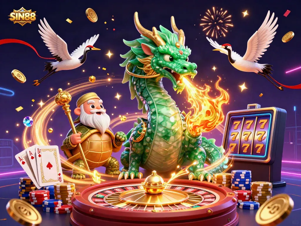 Experience the thrill of SIN88 with a dragon breathing fire, surrounded by riches and a vibrant casino atmosphere.